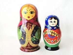 マトリョーシカ 2体セット 外国土産 木製 人形 民芸品 ロシア ハンドペイント アンティーク