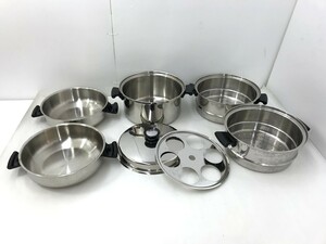 【同梱不可】【140】中古品 Amway Queen アムウェイ 鍋セット 18/8 STAINLESS STEEL 蒸し器・両手鍋 調理器具 ※スレキズ・汚れ・クスミ有