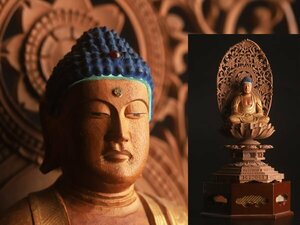 【流】仏教美術 白檀彫刻切金細工 阿弥陀如来 高26cm KV713