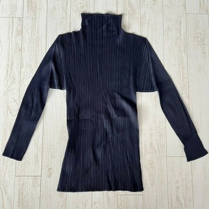 美品 プリーツプリーズ イッセイミヤケ ハイネック トップス ネイビー PLEATS PLEASE ISSEY MIYAKE カットソー プリーツ レディース L