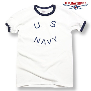 THE MAVERICKS ミリタリー 半袖 Tシャツ S 米海軍 US NAVY ロゴ トリム リンガーＴシャツ 白 紺 ネイビー