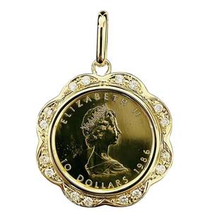 カナダ メイプル金貨 エリザベス二世 1986年 K18/24 純金 12.7g ダイヤモンド 0.32 1/4オンス コイン ペンダントトップ イエローゴールド