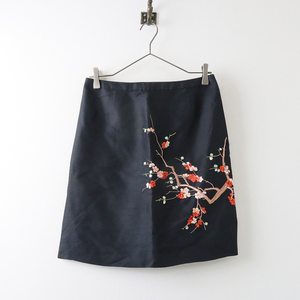 シャンハイタン 上海灘 SHANGHAI TANG 花刺繍 シルクスカート US6/ブラック フラワー スリット【2400013872225】