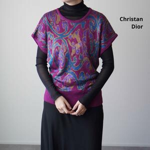 希少 Christan Dior ディオールニットベスト 総柄 オールドディオール シルク混 レイヤード 薄手ニット silk ボートネック vintage M