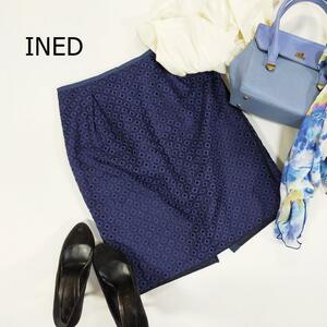 INED イネド スカート サイズ9 M ネイビー 紺 日本製 ひざ丈 ミニ丈 シンプル 2067