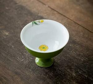 新品 　茶器　茶道具　工夫茶器　お茶を飲む　　湯飲み　手絵雛菊　高足杯　茶碗　セラミック　グリーン