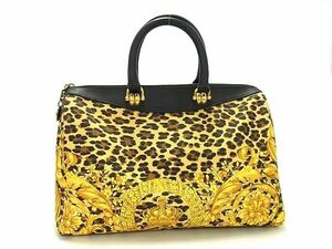 1円 ■美品■ GIANNI VERSACE ジャンニ ヴェルサーチ PVC×レザー ヒョウ柄 総柄 ハンドバッグ トート イエロー系×ブラック系 AW9701