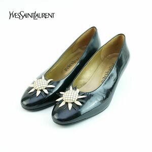 Yves Saint Laurent イヴ・サンローラン 36 1/2 24.0~24.5 パンプス ヒール ラウンドトゥ フラワーモチーフ エナメル 黒 ブラック/OC27