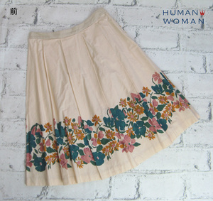 HUMAN WOMAN ヒューマンウーマン　フラワープリントコットンタックプリーツフレアースカート（2）ベージュ ボタニカル 63260