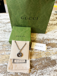 美品 GUCCI/グッチ インターロッキングネックレス メンズ Ag925 GGトップ チェーン付き アクセサリー 箱・袋付き 