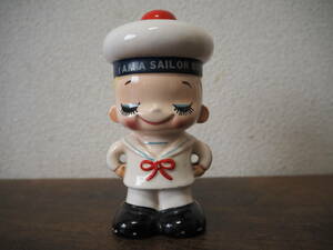 昭和レトロ 陶器人形 陶器製貯金箱 RUNE 内藤ルネ 水兵さん I AM A SAILOR BOY 13cm◆当時物 レトロポップ ジャンク