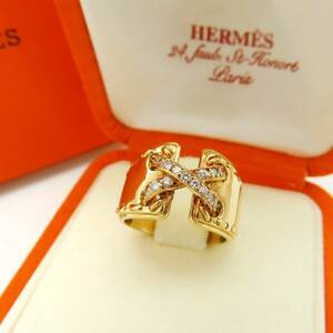 極希少 美品 HERMES エルメス メキシコ クロス ダイヤモンド イエロー ゴールド リング 50 10号 750 K18 指輪 AA163
