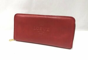 ★ロエベ LOEWE ロゴ ラウンドファスナー 長財布 レザー レッド系 レディース 中古★002896