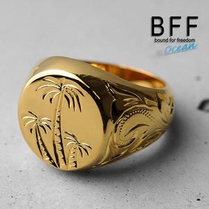 BFF ブランド パームツリー 印台リング ラージ ごつめ ゴールド 18K GP 金色 丸型 手彫り 専用BOX付属 (21号)