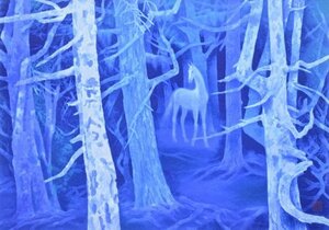東山メルヘンの白馬の森です！印象的な緑や青色で“東山ブルー”と称される文化勲章受章日本画家　東山魁夷　「白馬の森」　新復刻版画　*