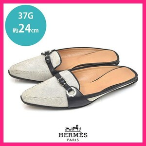 エルメス HERMES ベルト キャンバス×レザー パンプス フラットシューズ ブラック×ベージュ 黒 37G(約24cm) sh24-1002