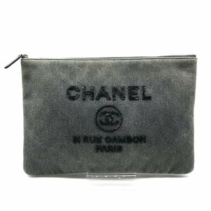 CHANEL シャネル ココマーク ドーヴィル デニム スパンコール クラッチ バッグ グレー 良品 k1098