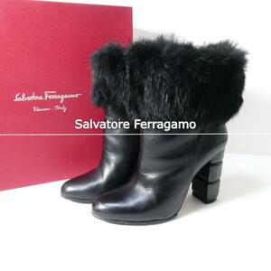 良品 綺麗 Salvatore Ferragamo サルヴァトーレフェラガモ 6.5 約24 レザー ボア チャンキーヒール ブーティ ショートブーツ 黒 ブラック