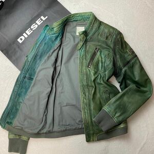 極美品L【希少色】ヴィンテージ加工 3way ディーゼル DIESEL ラムレザー シングルライダースジャケット ベスト 羊革 グリーン 緑 ブルゾン