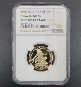 世界35枚 NGC鑑定 最高評価 PF70 UC 1976年 ガイアナ共和国 100ドル プルーフ金貨 ARAWAK INDIAN コイン スラブケース 