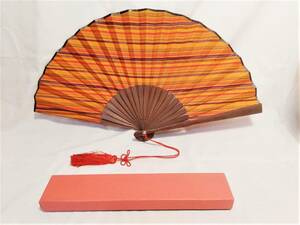 【極美品】木綿 布扇子 オレンジ ストライプ 飾り紐付き 和装小物 刺繍 織物 和風 和柄 日本舞踊 アンティーク 21.3cm 箱付き