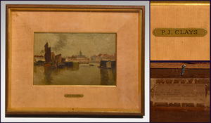 【真作】ポール・ジーン・クレイズ　P.J CRAYS 油絵「海辺の画家」額装 1937年制作 風景画 海景 油彩 油画 絵画 書画　　y0449