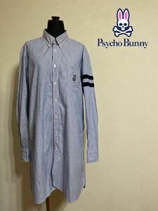 【良品】 PsychoBunny サイコバニー レディース ワンピース ロングシャツ ストライプ ボタンダウン トップス サイズ46 長袖 青白 日本製