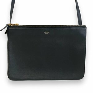 美品 CELINE セリーヌ フィービー期 TRIO トリオ ラージ レザー ショルダーバッグ ポーチ クラッチバッグ ブラック ◆