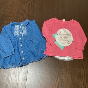 中古　キッズ女の子　トップス　2枚セット　シャツ　カットソー　サイズ90㎝ ブルー　ピンク　キムラタン