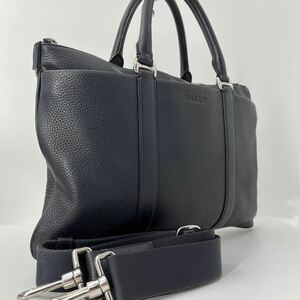 【極美品】近年モデル BALLY バリー ブリーフケース ビジネスバッグ ショルダー 2way レザー シボ革 斜め掛け A4収納 ネイビー 紺色 メンズ