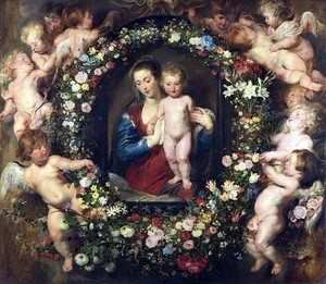 油絵 ルーベンスの名作_花輪の中の聖母マリア MA3075