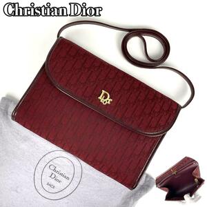 【美品】Christian Dior ディオール ショルダーバッグ 2way トロッタ 斜め掛け ゴールド金具 総柄 ポシェット レザー キャンバス 赤 レッド