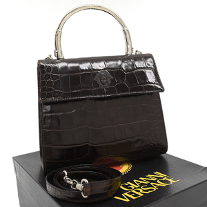 新品同様 ジャンニヴェルサーチ 2wayハンドバッグ メデューサ クロコ型押し レザー ブラウン GIANNI VERSACE