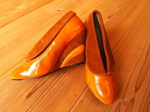 US雑貨 JACOBIES ウェッジソール ブーティー エナメル スエード レトロ ヒッピー 60s70s 23.5~24㎝ 茶×オレンジ アメリカ USED 中古 古靴