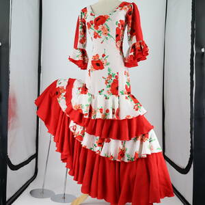 『送料無料』【美品 フラメンコ衣装】鮮やかレッド×花柄 CANELA PURA SEVILLA MAGNA ドレス 胸パット付き Flamenco タンゴ