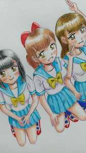 B5 手描きイラスト セーラー服の三人の女の子