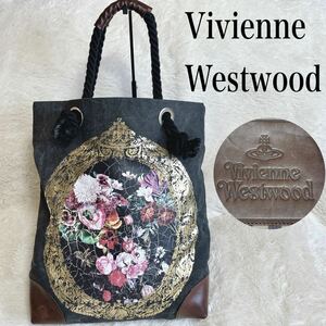 希少 美品 Vivienne Westwood 額縁 デニム トートバッグ 花柄 ヴィヴィアンウエストウッド 大容量