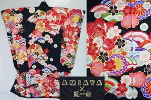 【KIRUKIRU】美品「AMIAYA×紅一点」振袖 着物 身丈171cm 大正ロマン風 青海波 四季の花 黒地 レトロ 和装 着付け 呉服 成人式 結婚式