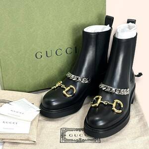 ☆未使用☆GUCCI サイドゴアブーツ ホースビット チェーン 35/22CM グッチ 黒 ブラック チェスリーブーツ 厚底 ゴールド金具 蜂 ビー