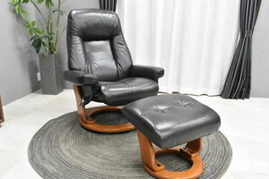 新品セミアニリン仕上げ本革パーソナルチェア BK色オットマン付きリクライニング1Pソファ椅子チェアおしゃれモダン北欧 家具:NW76G01-KC