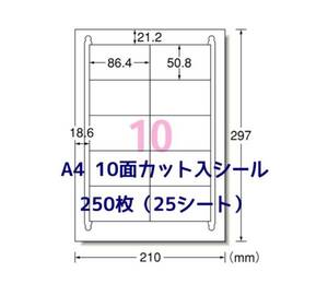 マルチプリンタ対応◇250枚A4サイズ10面カット入◇ラベルシール◇宛名シールにも最適