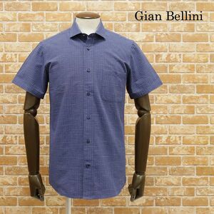 1円/春夏/Gian Bellini/Mサイズ/イタリー製シャツ さらっと綿 チェック織り カッタウェイ きれいめ 半袖 新品/紺/ネイビー/gd190/