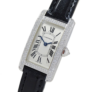 カルティエ Cartier 時計 レディース ブランド タンクアメリカン SM ダイヤモンド クオーツ QZ 18K ホワイトゴールド レザー 2478 磨き済み