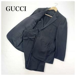 高級紳士服 GUCCI グッチ シングルスーツ セットアップ ジャケット パンツ ブラック 52 シルク ウール ブランド シンプル 大きサイズ 黒 
