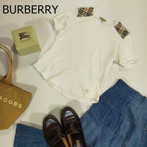 バーバリー BURBERRY LONDON 半袖Tシャツ サイズM ホワイト Vネック ワンポイント 肩デザイン シンプル 刺繍ロゴ コットン 3140