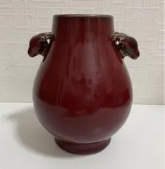 中国 骨董 清时代 祭紅釉鹿耳尊 アンティーク高約18cm 紅釉 赤釉 唐物古玩