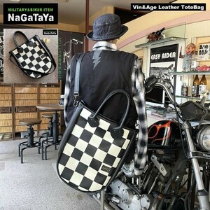 Vin&Age ビンアンドエッジ TYPE VBG6 レザートートバッグ 本革 カウレザー バイカーBAG チェッカーフラッグ柄 ストリート