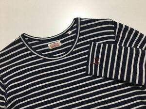 L 3 HRM H刺繍 ストレッチフライス クルーネック ボーダー 長袖 Tシャツ ワッフル サーマル NAVY HOLLYWOOD RANCH MARKET BLUEBLUE