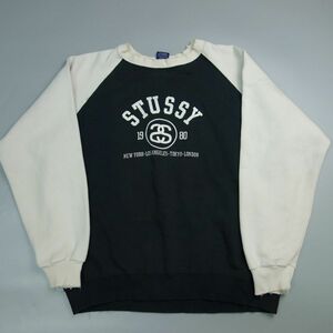 90s 00s STUSSY ステューシー USA製 紺タグ カレッジロゴプリントバイカラー ラグランスリーブスウェット L メンズ