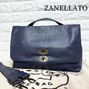 ZANELLATO 【極美品】ザネラート ポスティーナ L 2way ショルダーバッグ ハンドバッグ レザー 本革 シルバー金具 ネイビー 紺 イタリア製